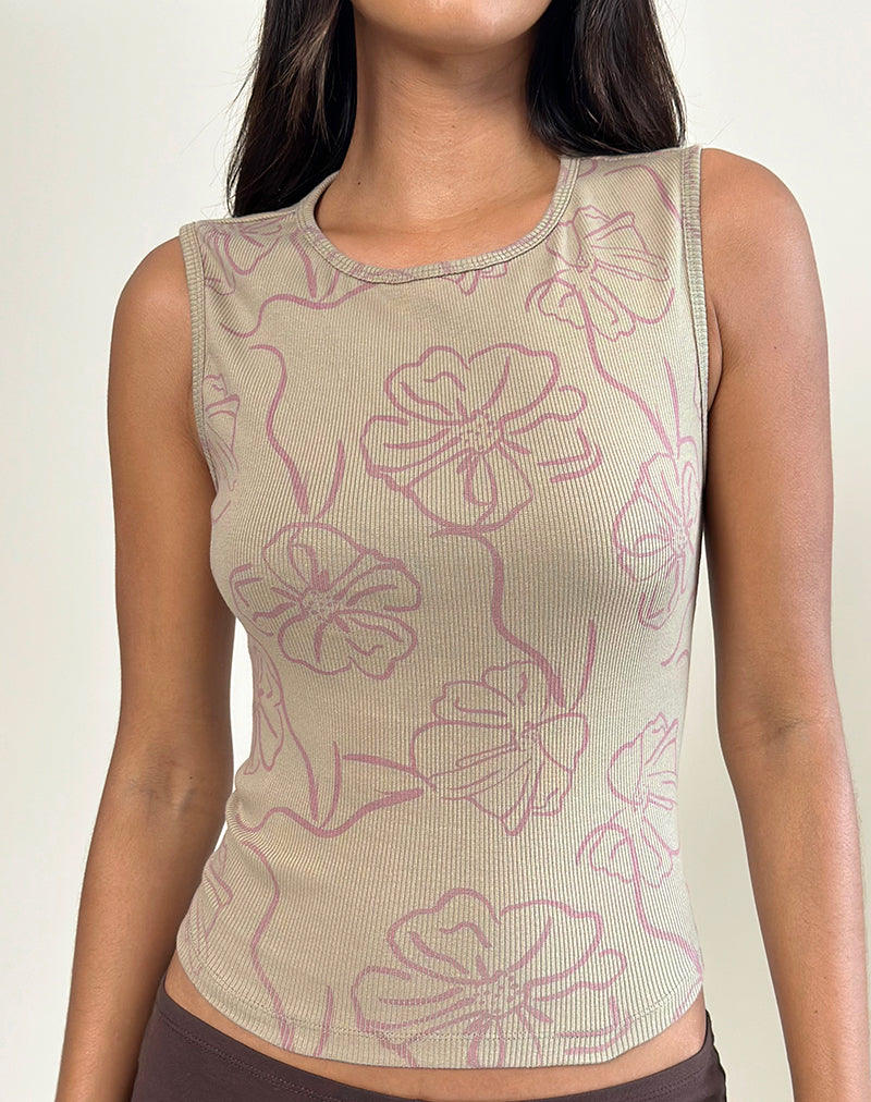 Leen Tank Top in Khaki Hibiskus Doodle Pink