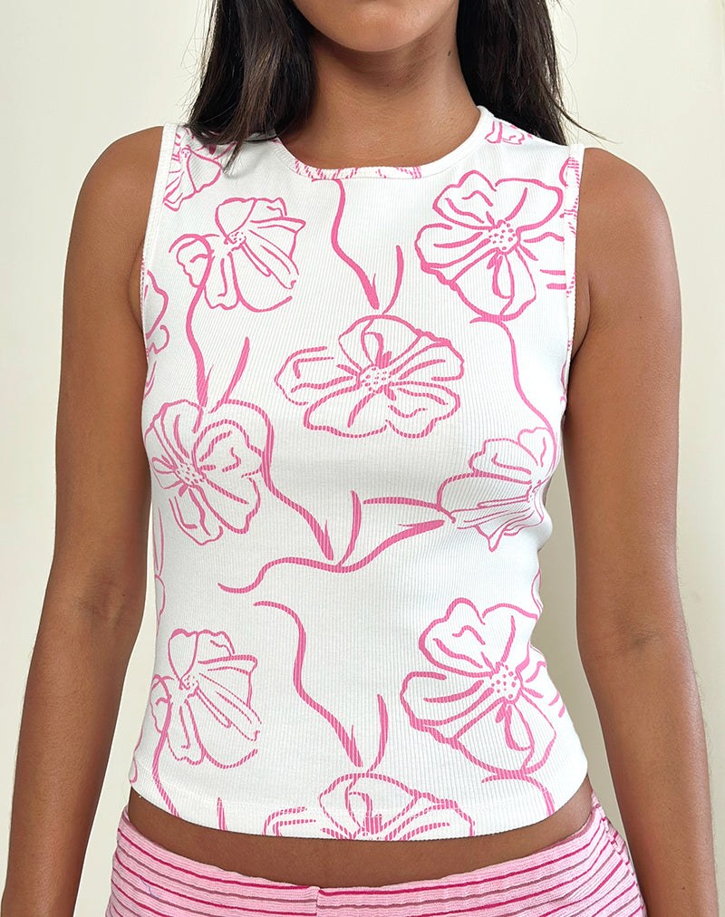 Bild von Leen Tank Top in Weiß mit rosa Hibiskus-Doodle-Druck