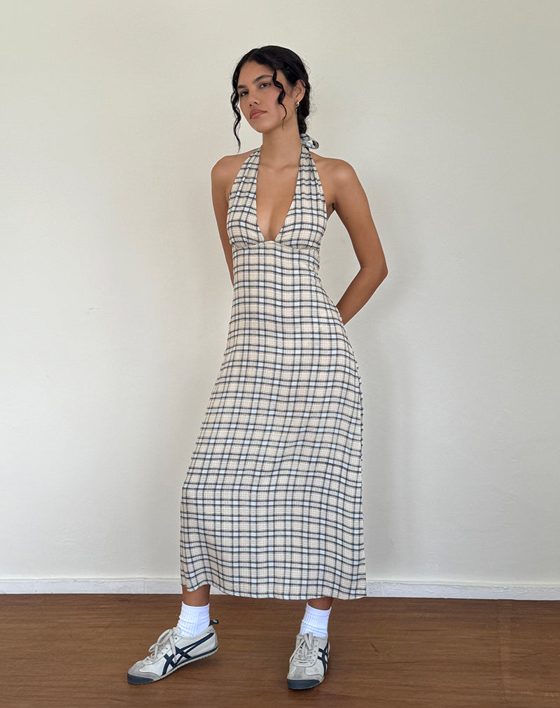 Lenata Midikleid mit Neckholder aus pastellblauem Tartan