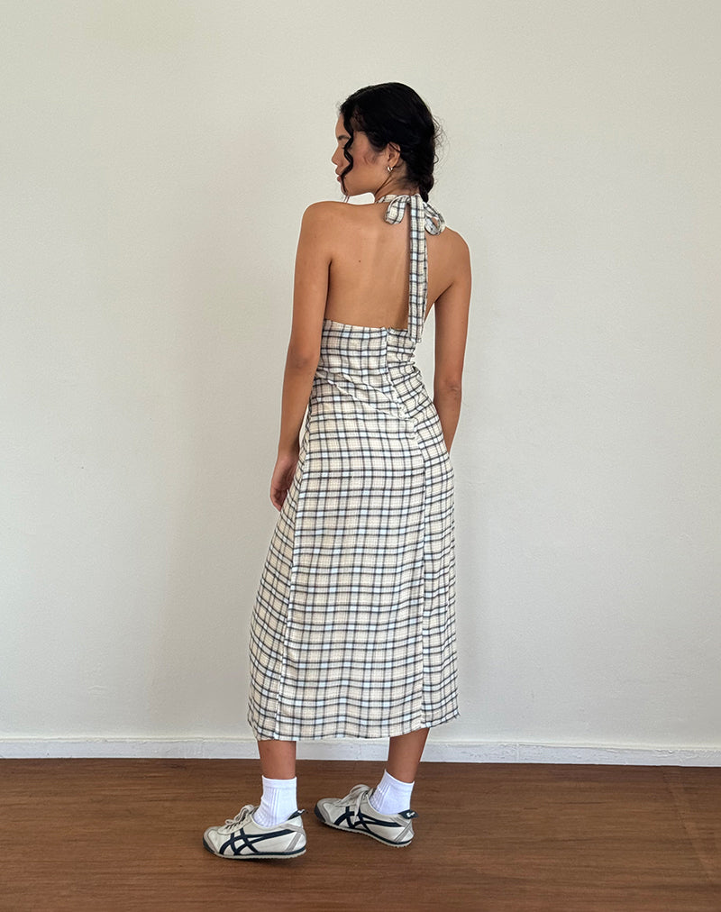 Lenata Midikleid mit Neckholder aus pastellblauem Tartan