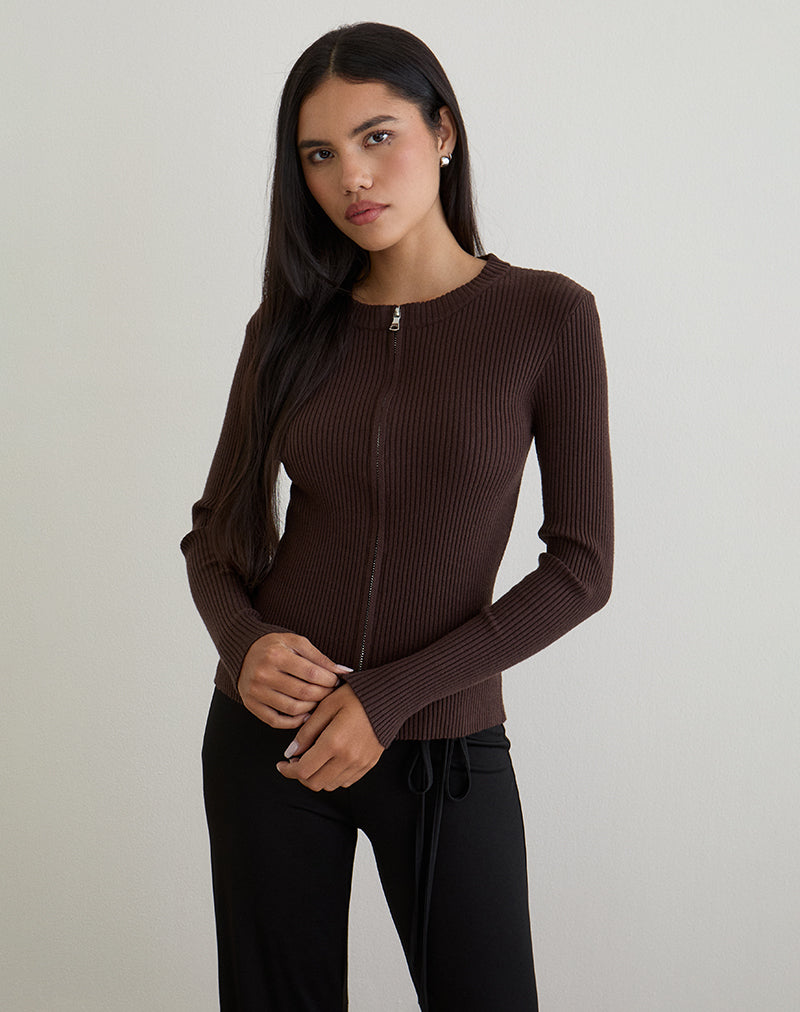Image of Liano Zip-Cardigan aus Rippenstrick Braun