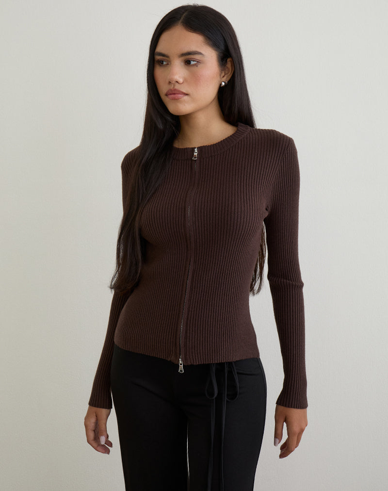 Image of Liano Zip-Cardigan aus Rippenstrick Braun