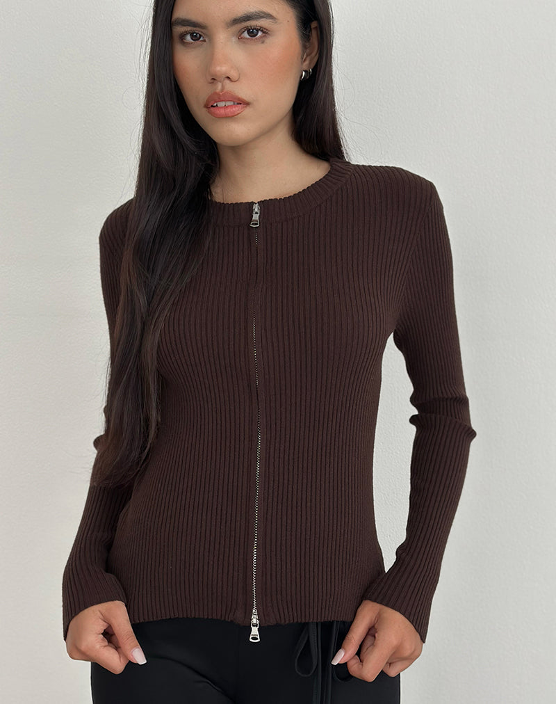 Image of Liano Zip-Cardigan aus Rippenstrick Braun