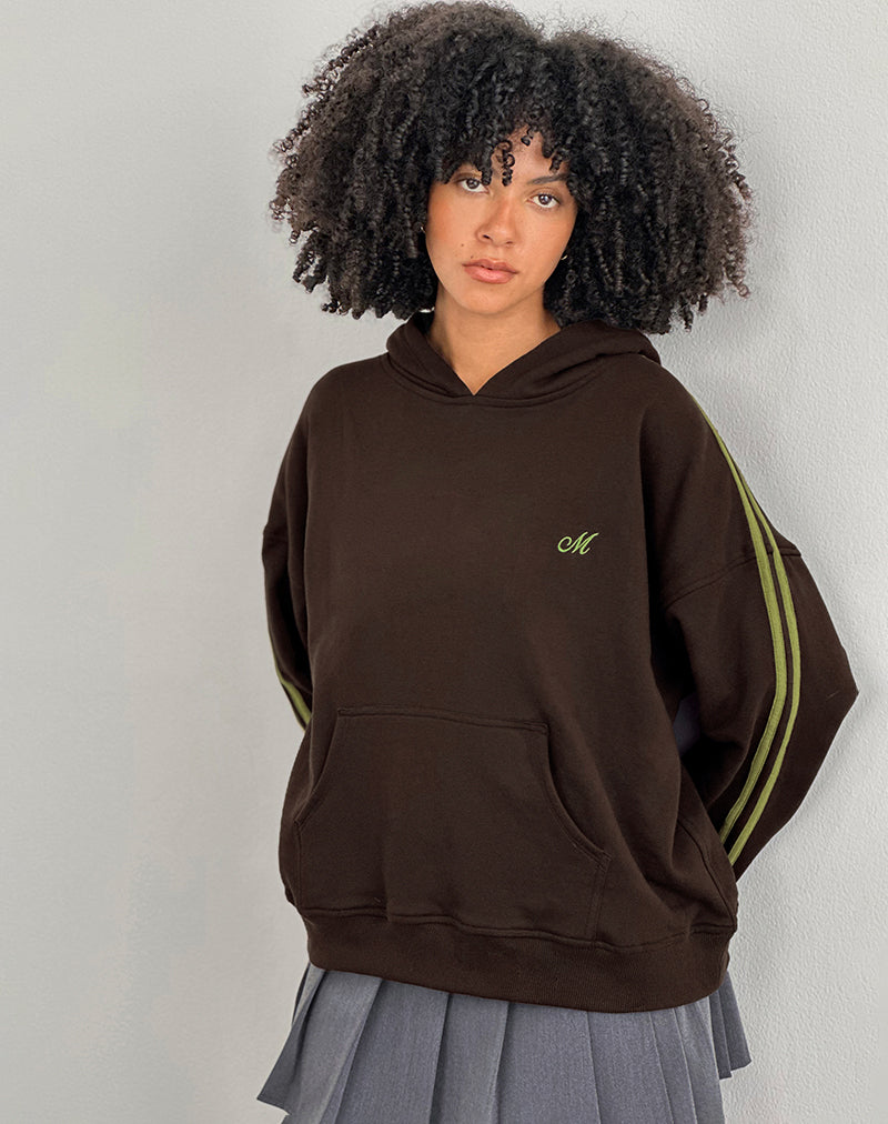 Image of Lingwu Hoodie in Bitter Chocolate mit grünem Einband und M-Stickerei