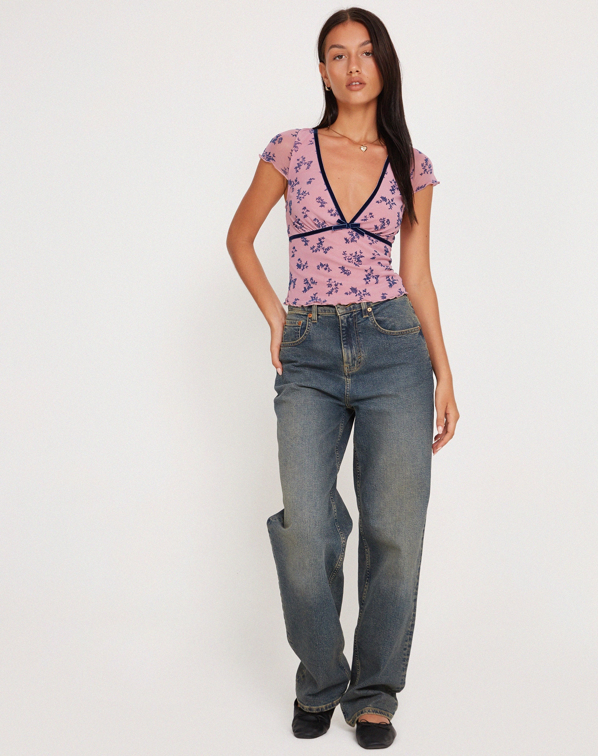 Image of Livi Mesh Top in Pink und Navy Botanist Flocking
