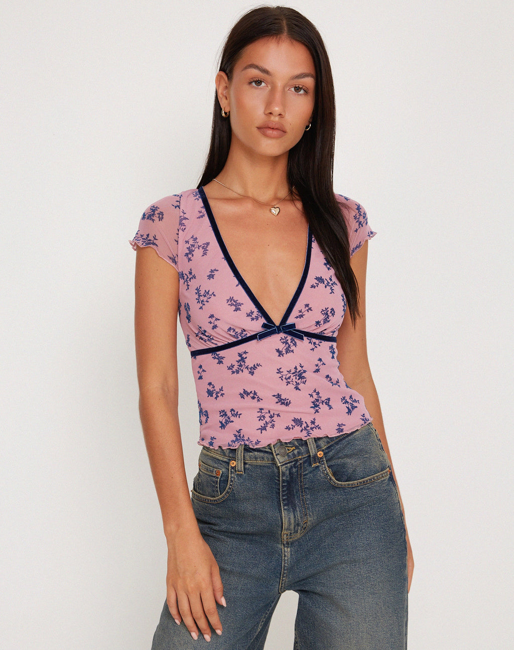 Livi Mesh Top in Pink und Navy mit Botanik-Beflockung