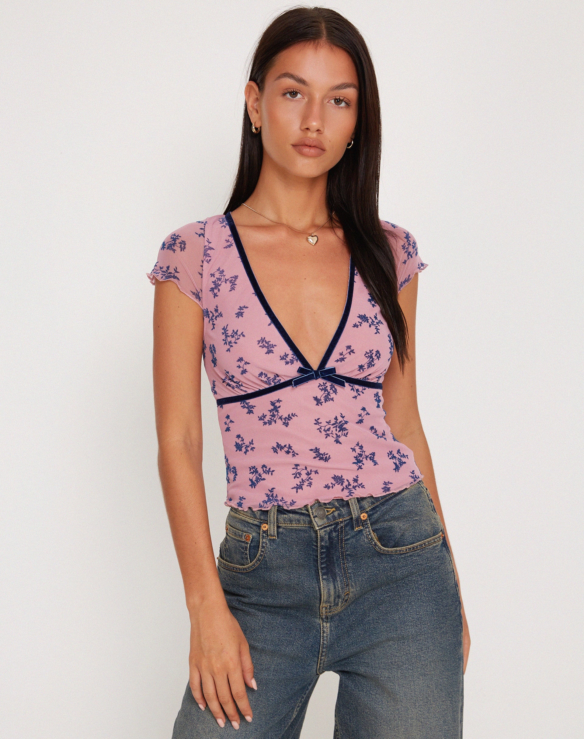 Image of Livi Mesh Top in Pink und Navy Botanist Flocking