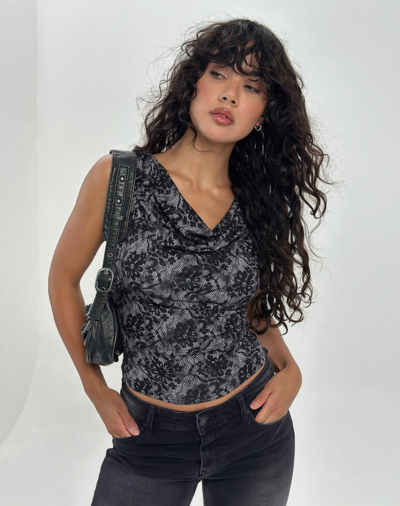 Lizette Cowl Neck Top in Midnight Floral Grau