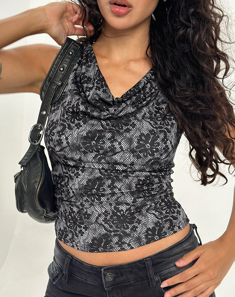 Lizette Cowl Neck Top in Midnight Floral Grau
