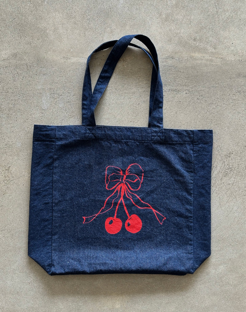 Image of London Tote Bag in Denim Indigo mit Cherry Bow Print