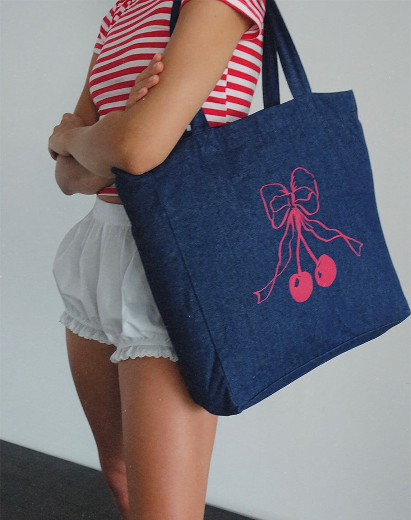 London Tote Bag in Denim Indigo mit Cherry Bow Print