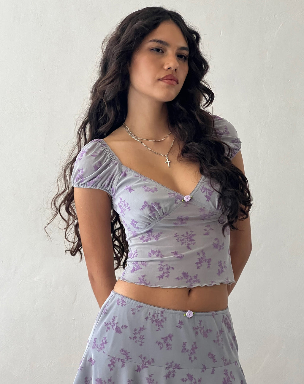Lorenne Sweetheart Mesh Top in Lila Botanist Flock
