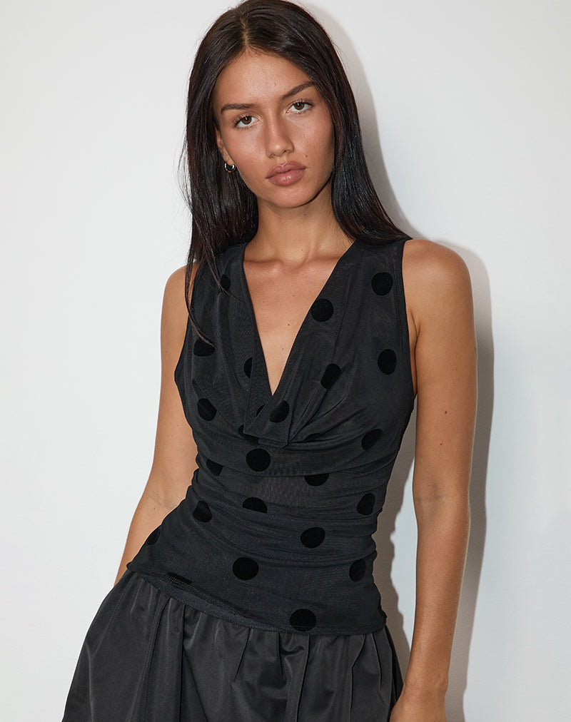 Losa Cowl-Top in großem Polka-Flock Schwarz