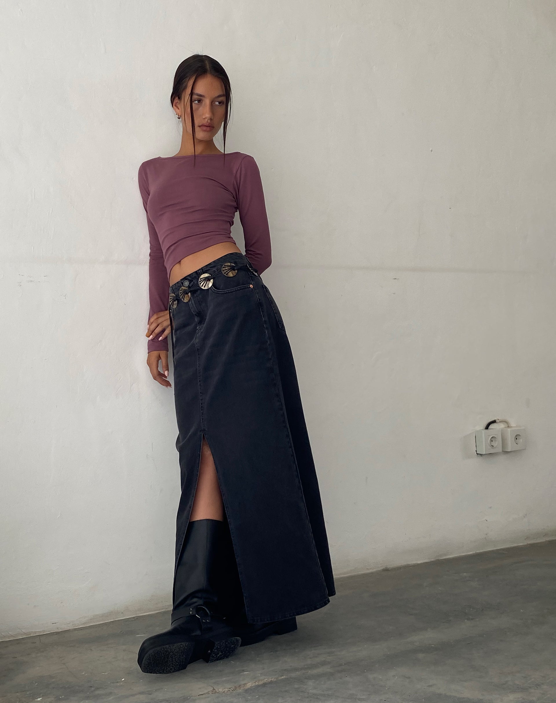 Bild von Low Rise Denim Maxirock in Vintage Schwarz