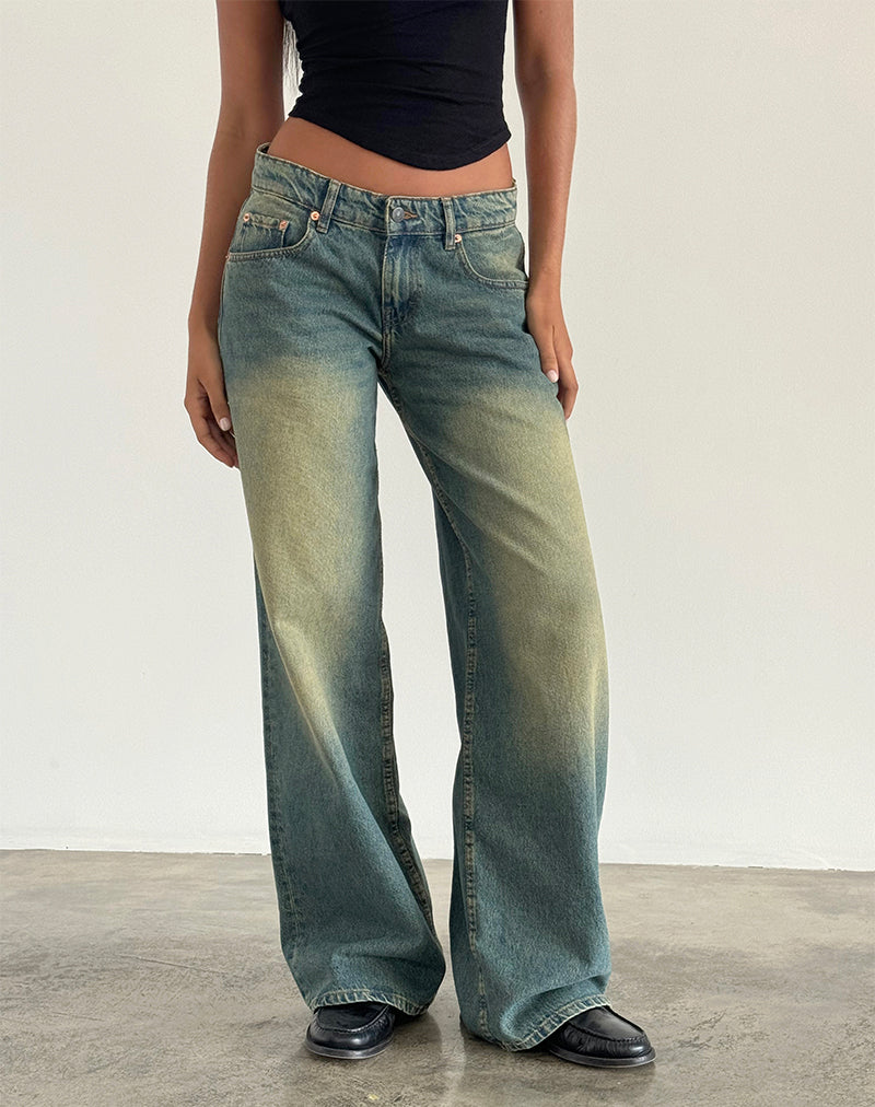 Geräumige extra weite Low Rise Jeans in Mid Used Grün