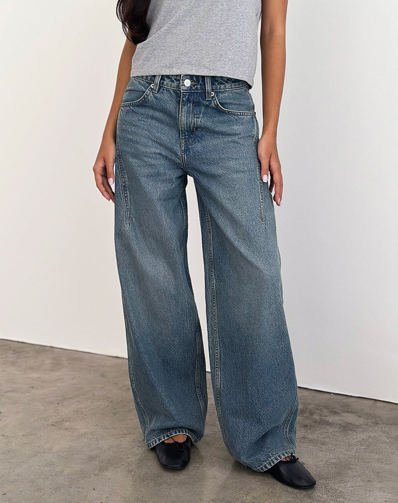 Niedrig geschnittene, geräumige Jeans in Vintage Blau Grün