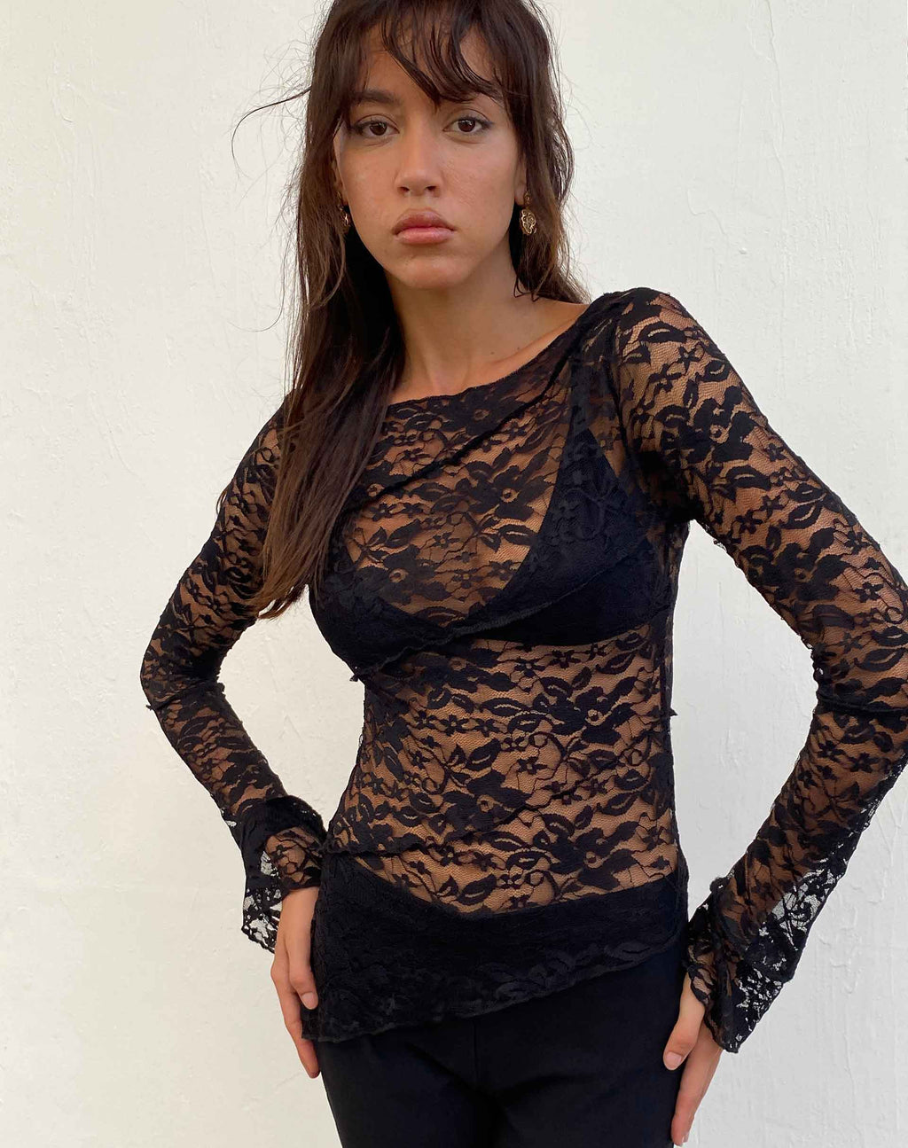 Lubica Langärmeliges Top aus Spitze Schwarz