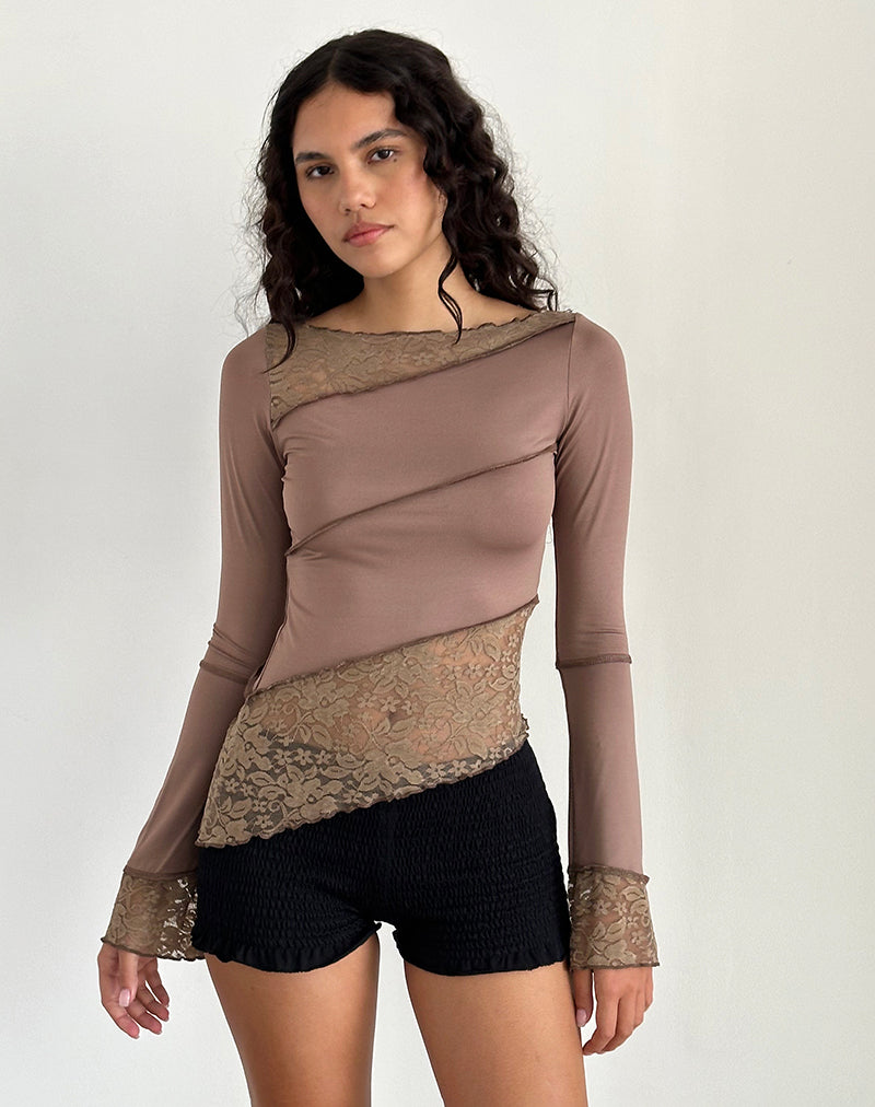 Lucca Langarm-Top aus glitzernder Spitze Mocha