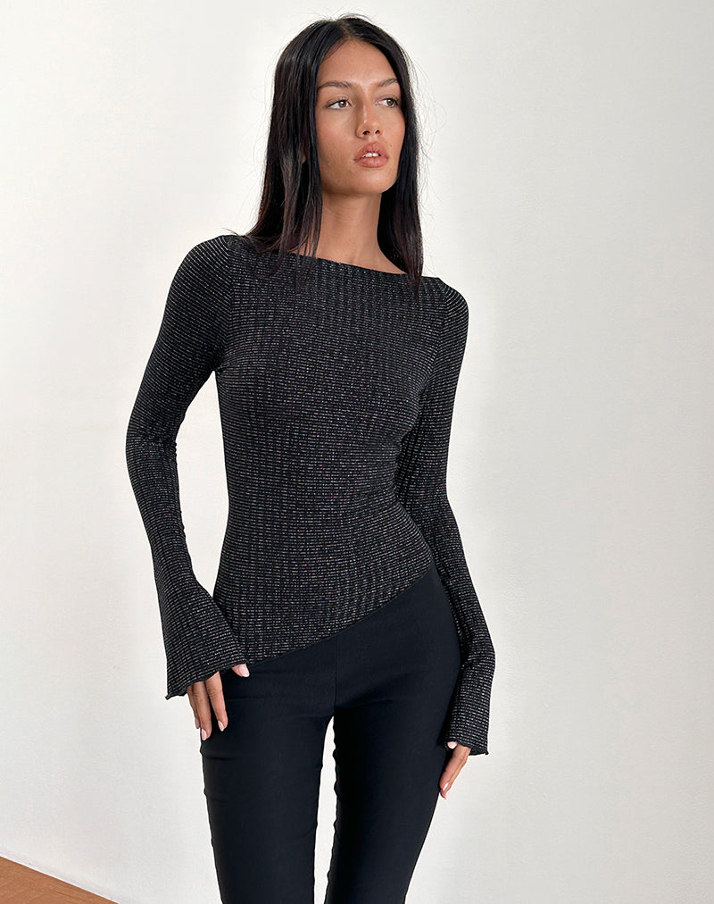 Lukia Langarm-Top aus metallisch gestreiftem Jersey Schwarz