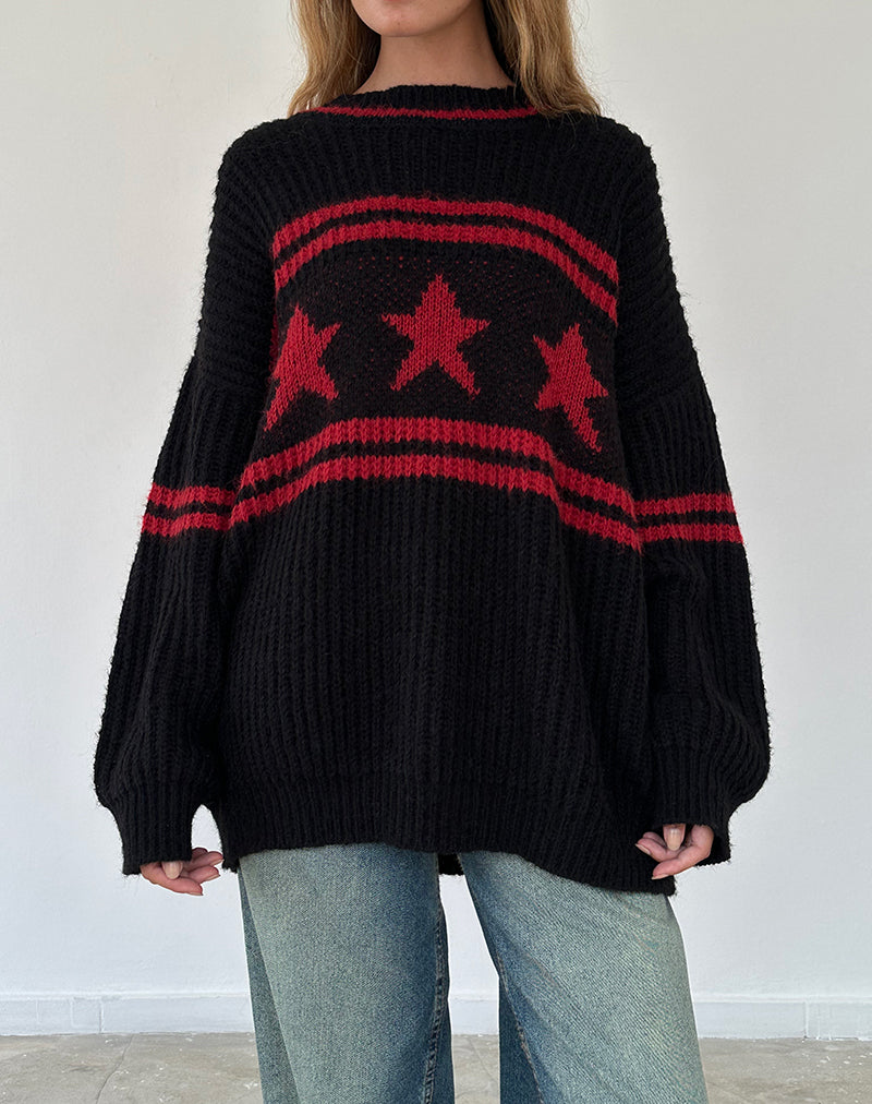 Image of Lulees Pullover in Übergröße in Schwarz mit rotem Stern und Streifen