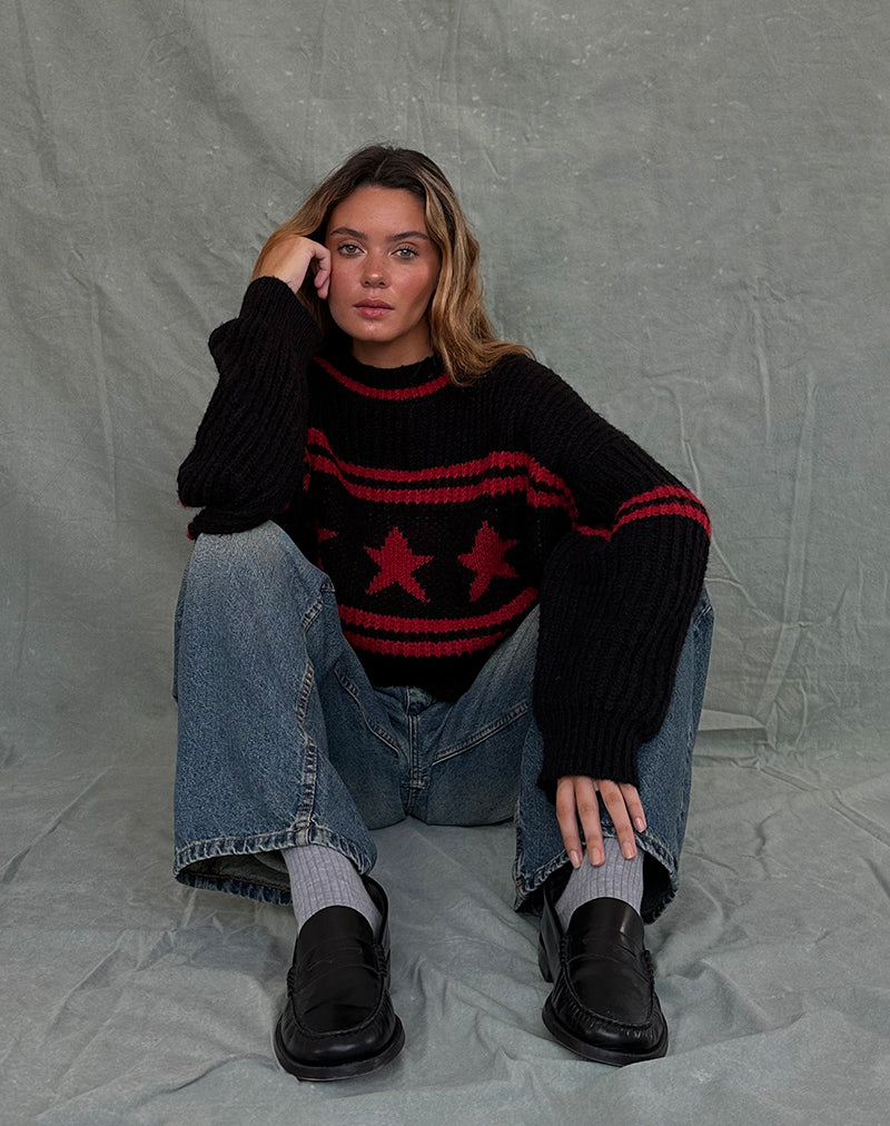 Lulees Oversized-Pullover in Schwarz mit rotem Stern und Streifen