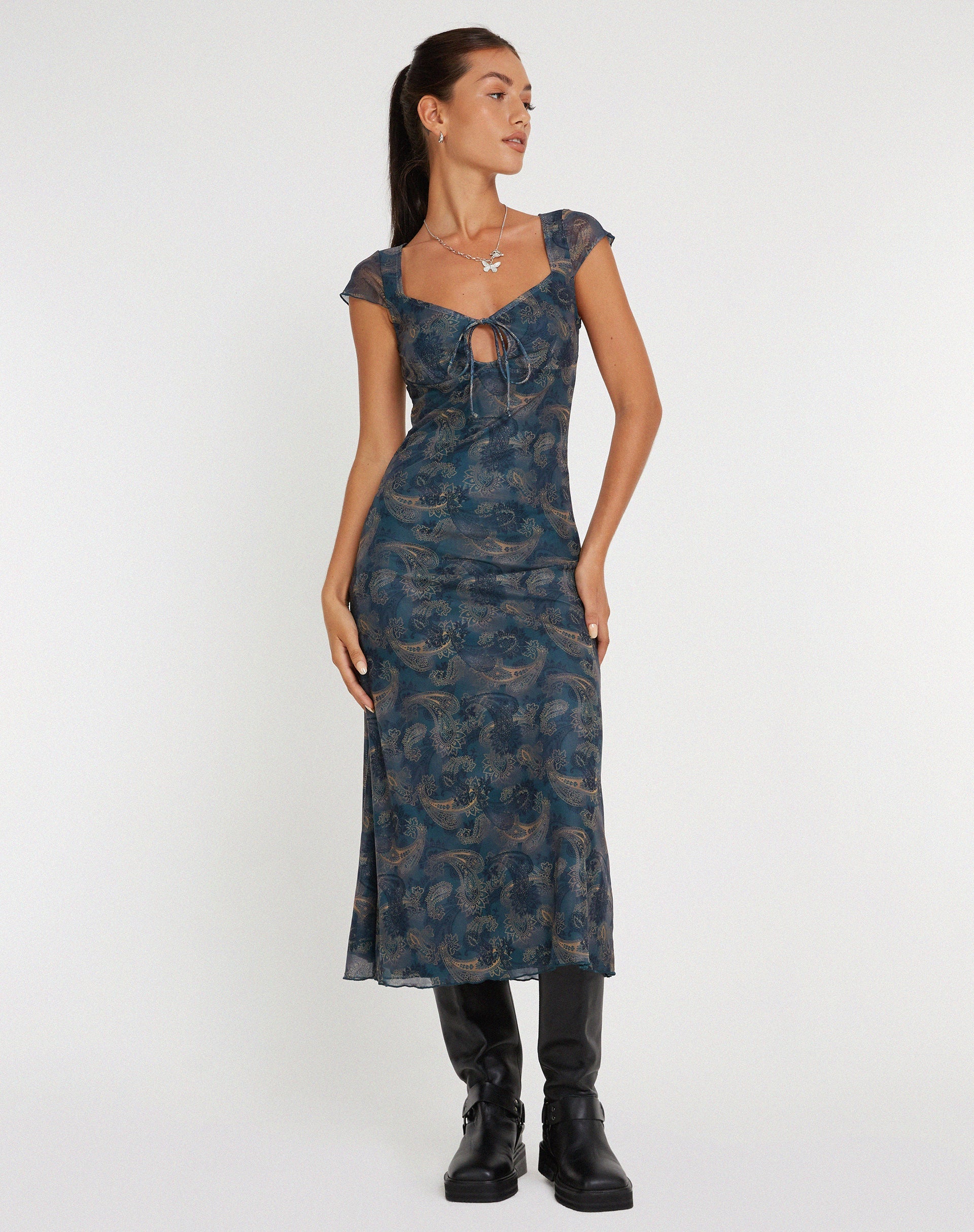 Bild von Lunama Mesh Midikleid in Blau mit Paisleymuster