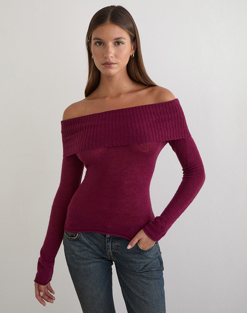 Lune Bardot Jumper in Knit Wine