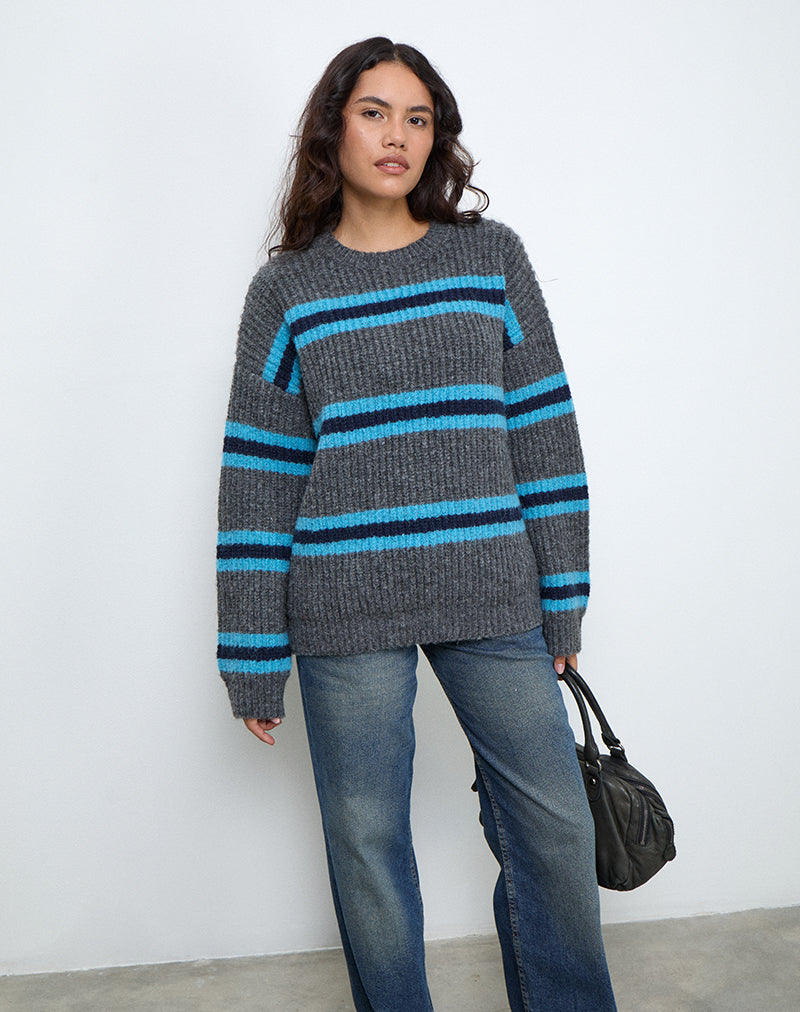 Lunet Strickpullover in Grau und Blau gestreift