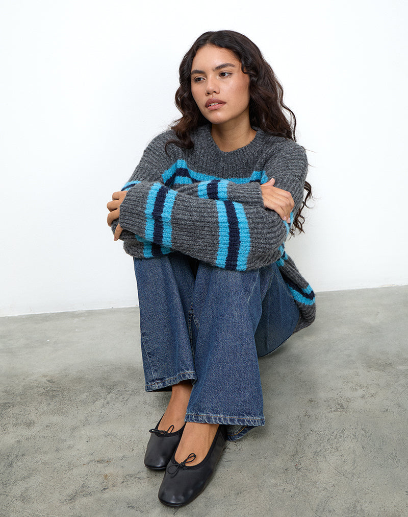 Lunet Strickpullover in Grau und Blau gestreift
