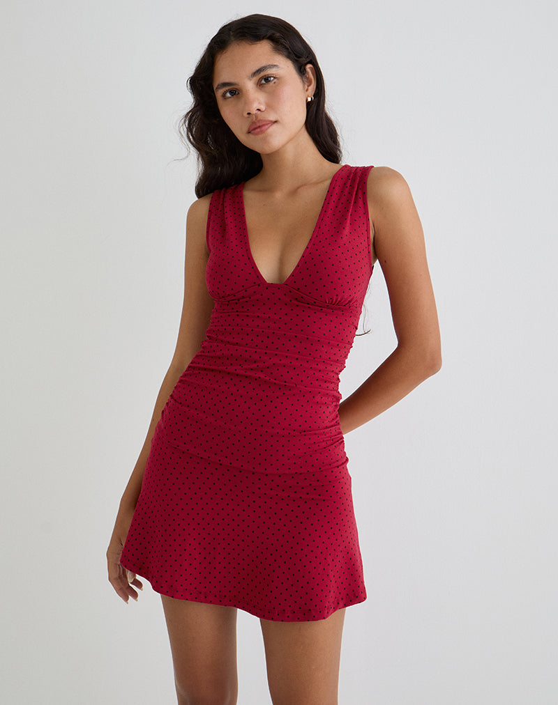 Image of Luscian Plunge Mini Dress in Rot mit schwarzem Micro Polka Print