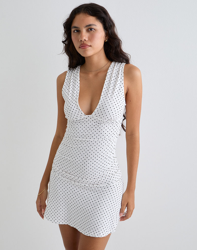 Luscian Plunge Mini Dress in Weiß mit Micro Polka Schwarz