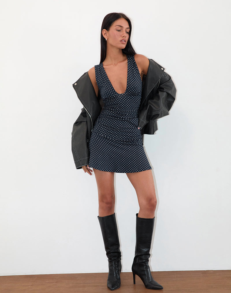 Bild von Luscian Plunge Mini Dress in Micro Polka Navy