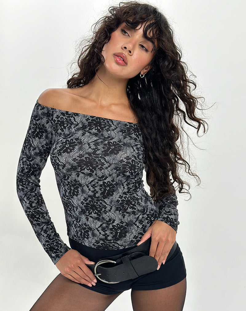 Image of Lutana Bardot-Top mit langen Ärmeln in Midnight Floral Grau