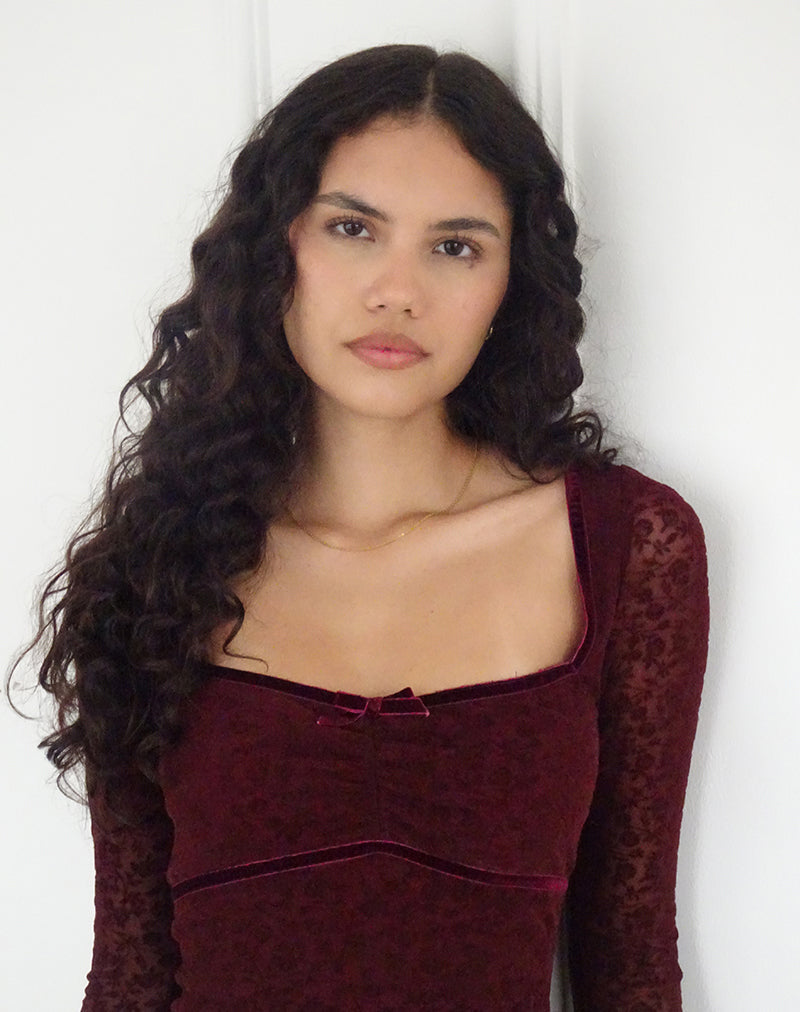 Image of Luth Mini Dress in Ditsy Flocked Burnt Maroon