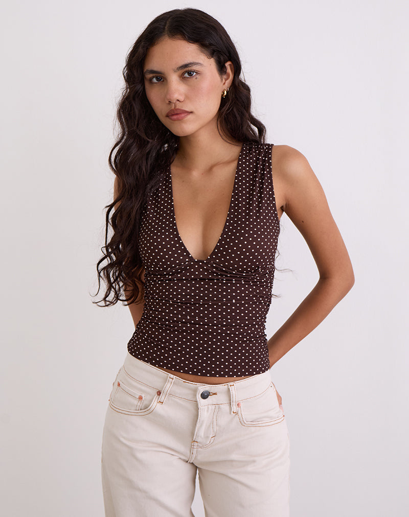 Image of Lycia Plunge Top in Micro Polka Braun