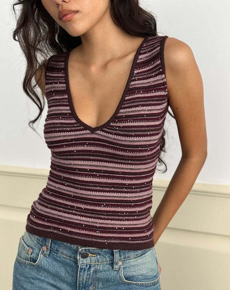 Lycia Plunge Top aus Glitzerstrick gestreift lila