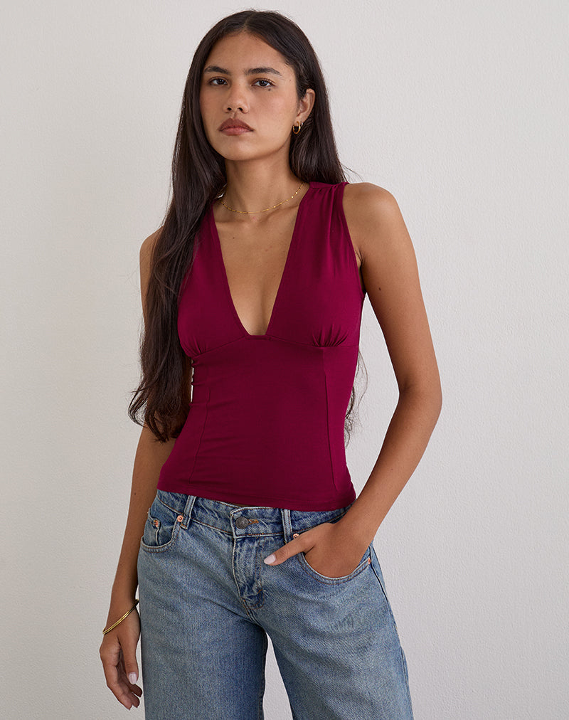 Lynod Plunge Top in Rayon Burgundy