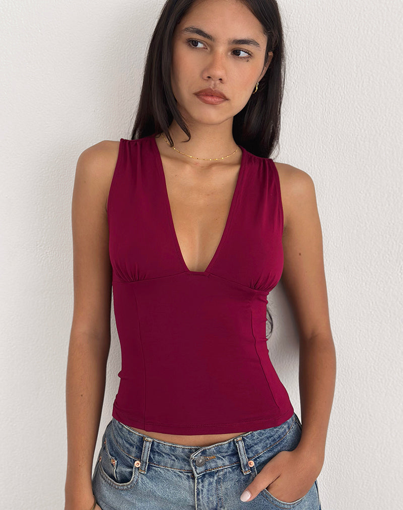 Lynod Plunge Top in Rayon Burgundy