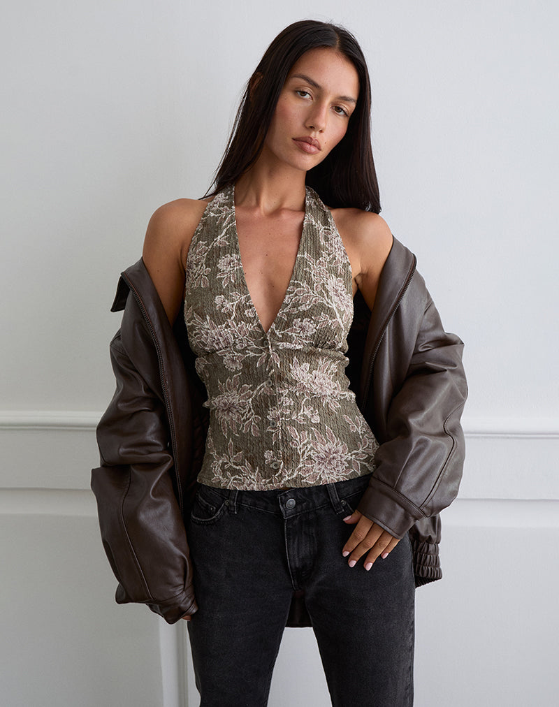 Mabli Neckholder-Top aus strukturiertem, gewebtem Floralgrün