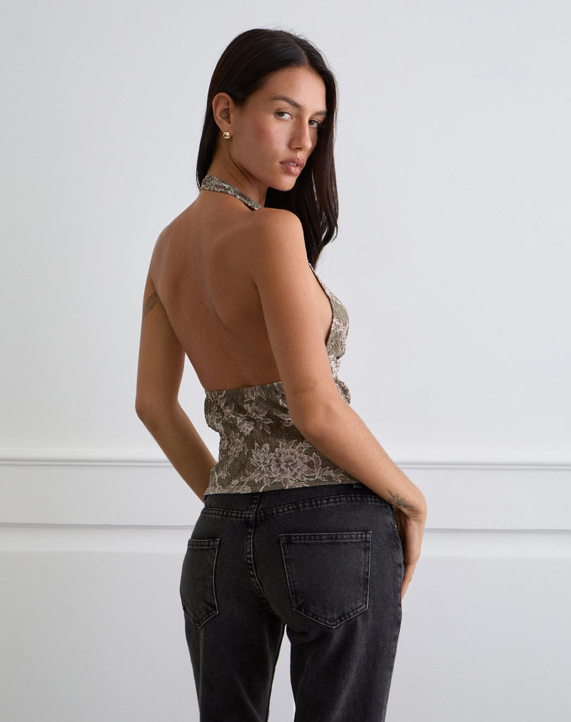 Image of Mabli Neckholder-Top aus strukturiertem, gewebtem Floralgrün