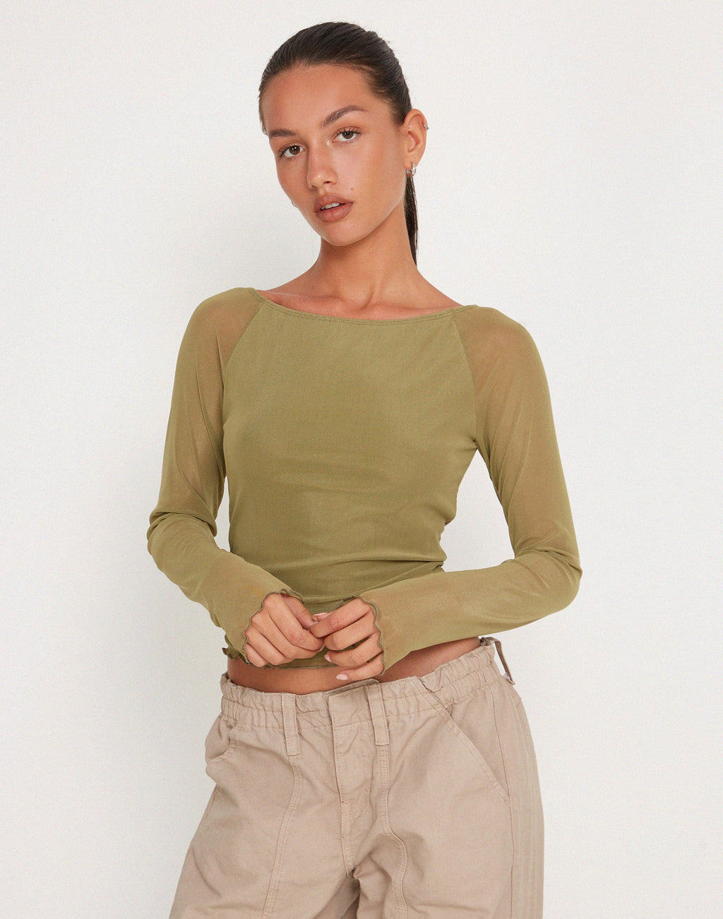 Mahira Langärmeliges Mesh-Top in Olive
