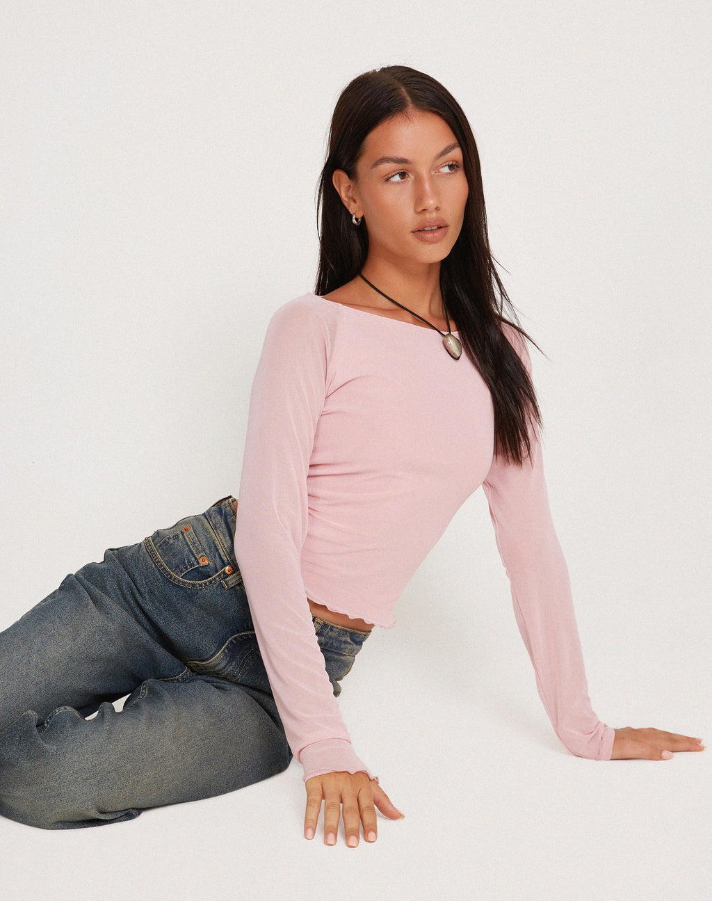 Mahira Langärmeliges Mesh-Top in Rosa