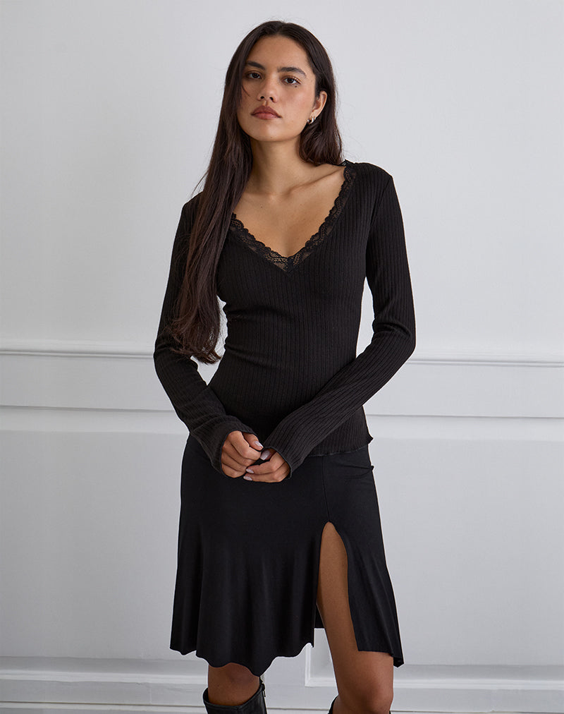 Image of Maivi Langärmeliges Top in Schwarz mit Spitzenbesatz