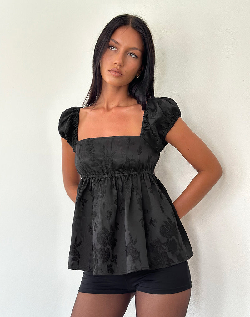 Malea Schößchen-Top aus schwarzem Satin-Jacquard