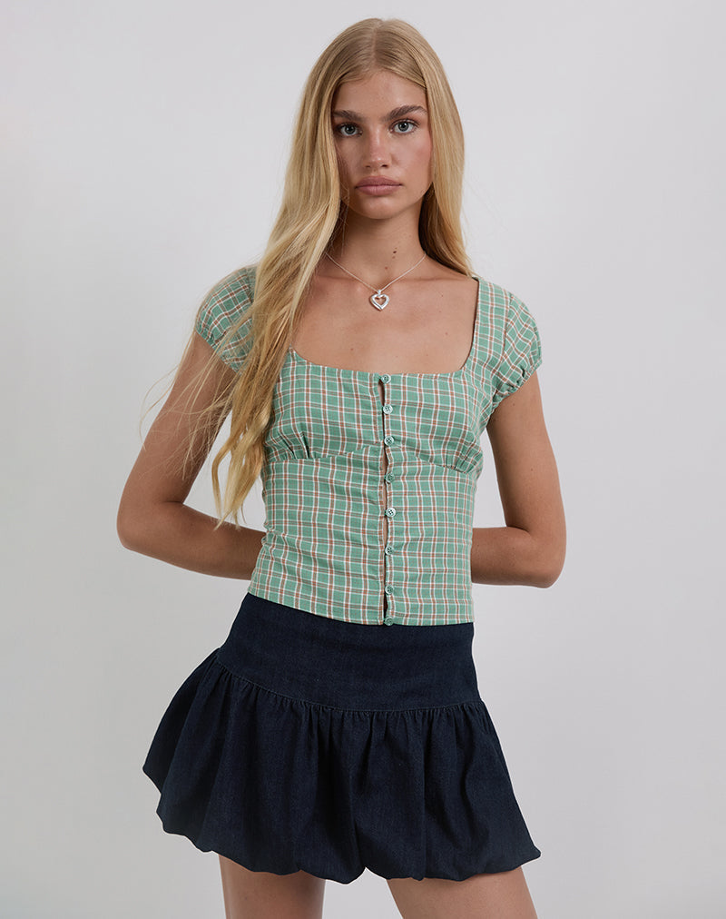 Image of Malsa Scoop Knopfbluse in Teal Check