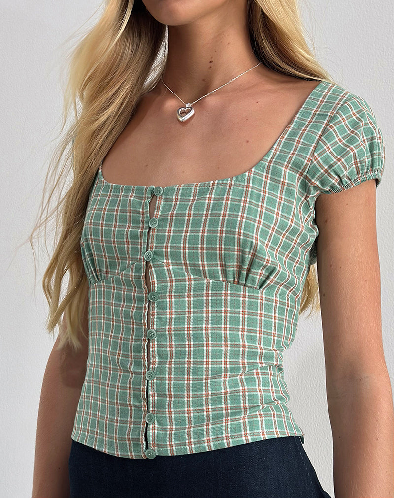 Image of Malsa Scoop Knopfbluse in Teal Check