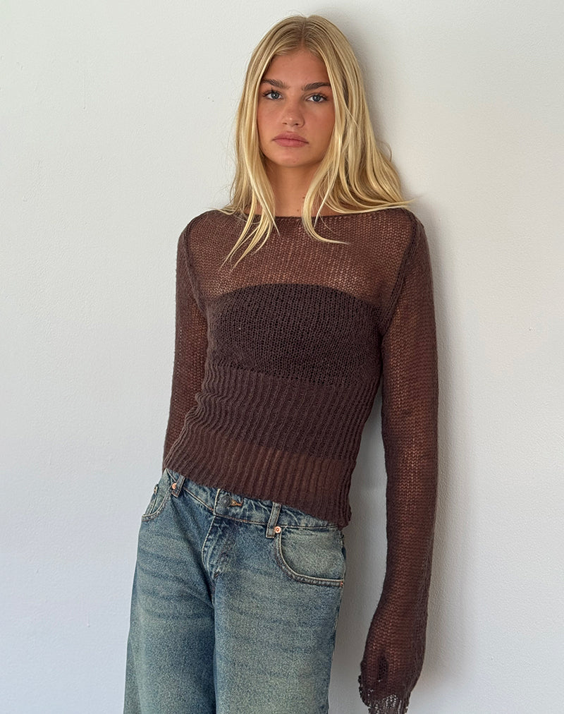 Image of Manon Langärmeliges durchsichtiges Stricktop in Schokoladenbraun