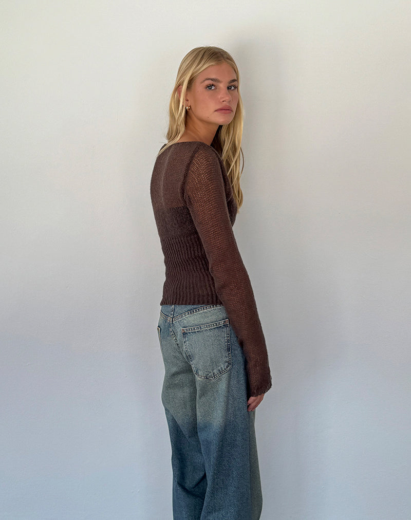 Image of Manon Langärmeliges durchsichtiges Stricktop in Schokoladenbraun