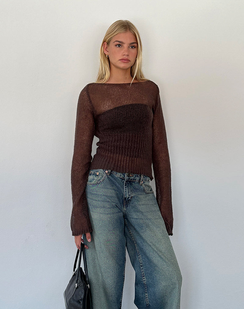 Image of Manon Langärmeliges durchsichtiges Stricktop in Schokoladenbraun
