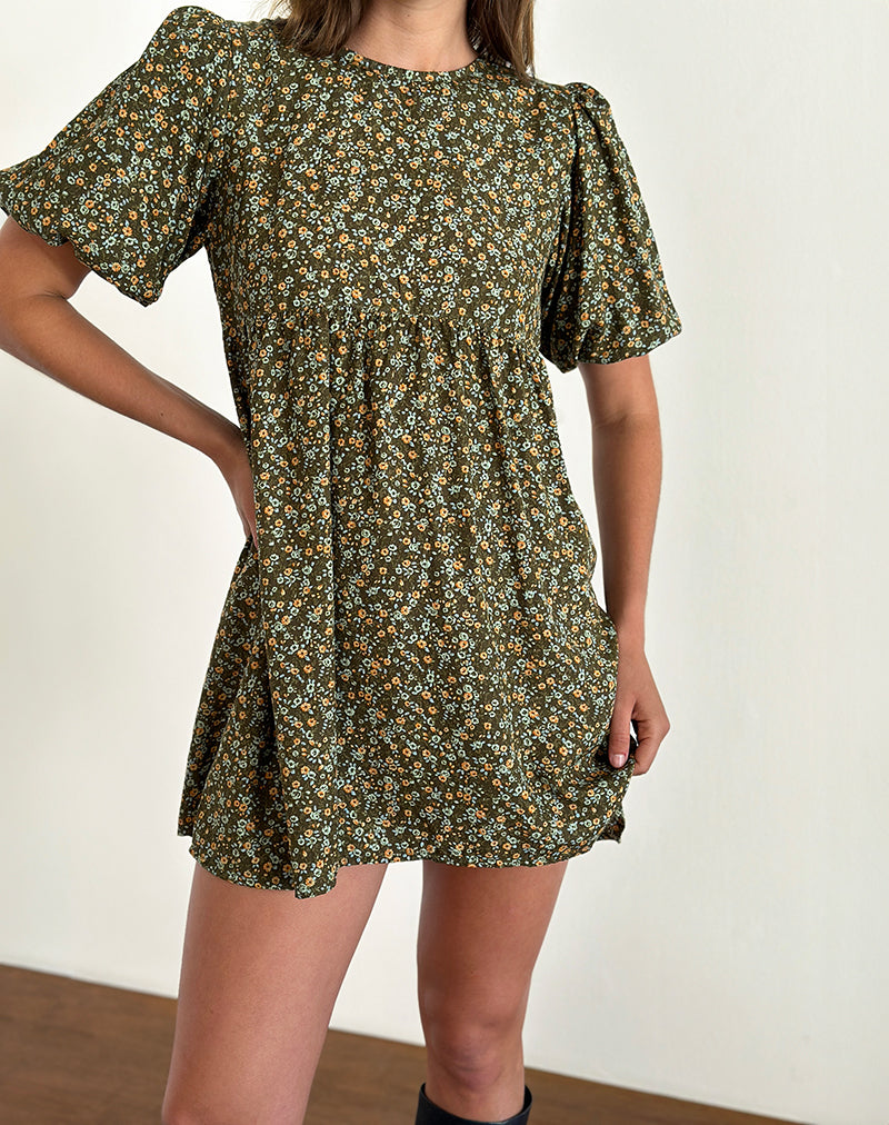 Image of Marate Minikleid mit Puffärmeln in Grunge Floral Khaki